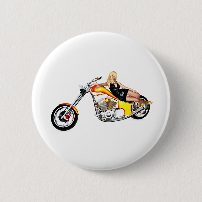 Blonde on a chopper 6 cm round badge (Front)
