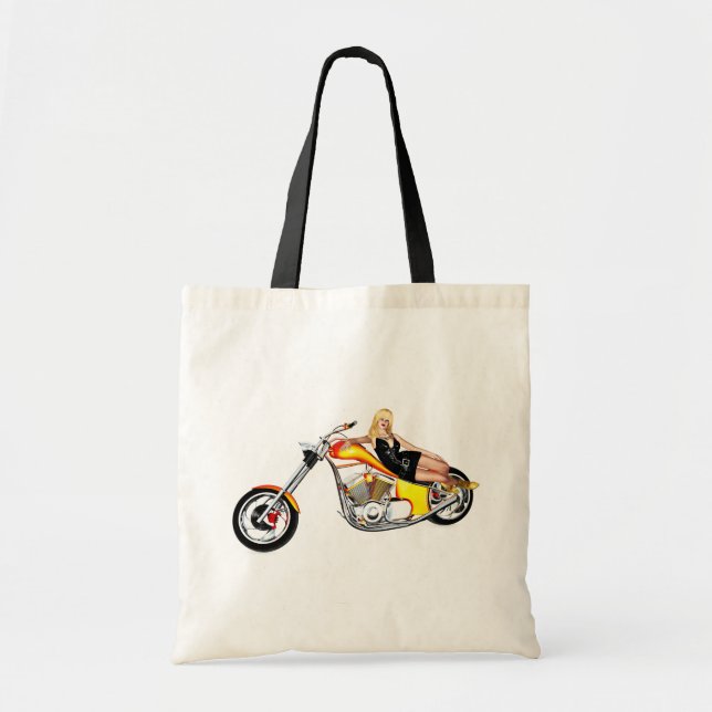 Blonde on a chopper tote bag (Front)