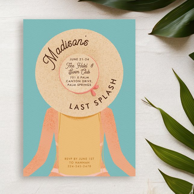 Blonde Palm Springs Bachelorette Weekend Pool Part Invitation (blonde hair and light white skin girl wearing a beach hat - bachelorette pool party invitation)