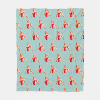 Blonde Pin-up in Red Bathing Suit Blue Fleece Blanket