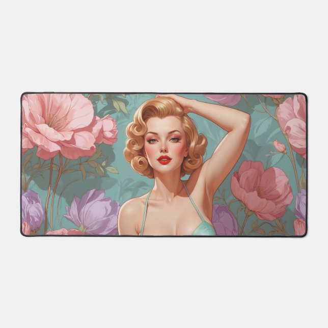 Blonde Pin-Up Pastel Flowers  Desk Mat (Front)
