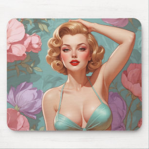 Blonde Pin-Up Pastel Flowers Mouse Pad