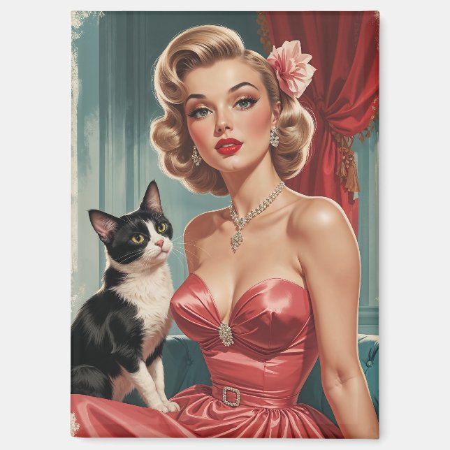 Blonde Pin-Up Pink Dress with Black and White Cat Magnet (Front)