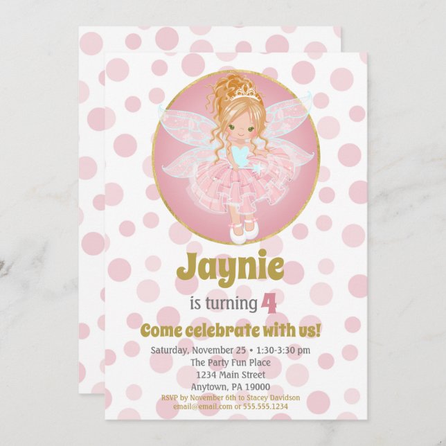 Blonde Pink Fairy Girls Birthday Invitation (Front/Back)