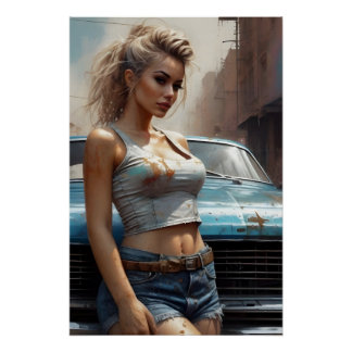 Blonde Pinup artwork classic car Poster