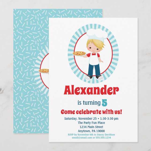 Blonde Pizza Party Boys Birthday Invitation (Front/Back)