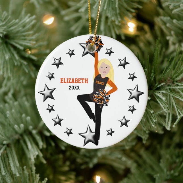 Blonde Pom Squad Orange & Black Ceramic Ornament (Tree)