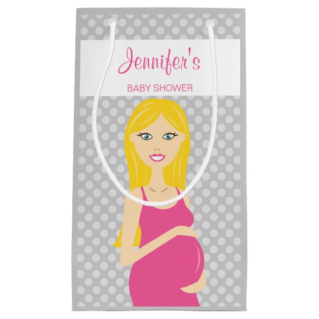 Blonde Pregnant Woman In Pink Dress Baby Shower Small Gift Bag (Front)