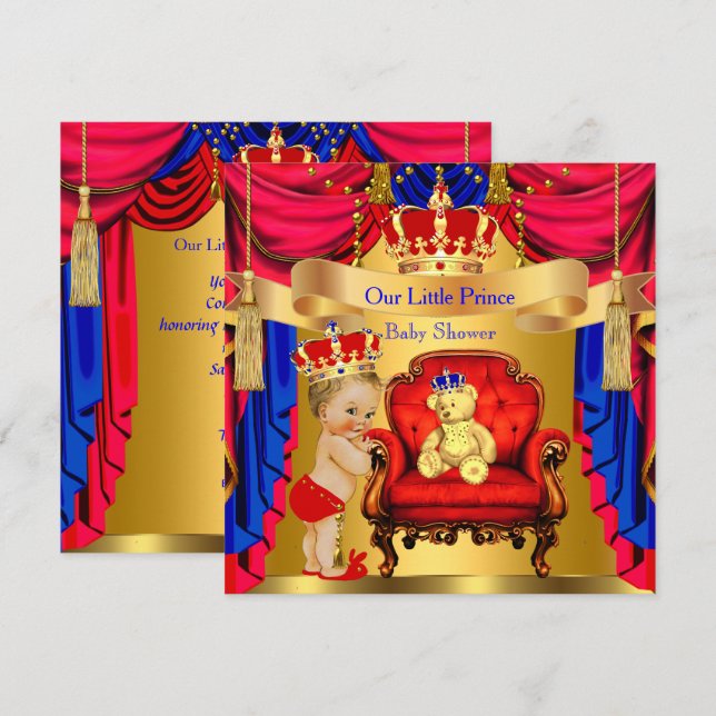 Blonde Prince Baby Shower Gold Bear Red Blue Invitation (Front/Back)