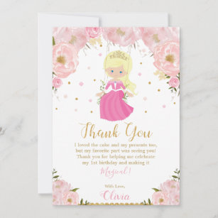 Blonde Princess 1st First Birthday Pink Floral Thank You Card