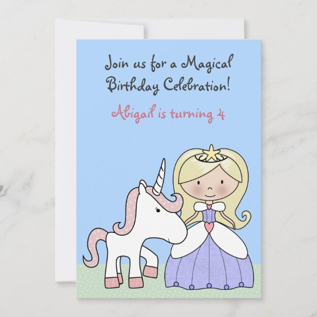 Blonde Princess and Unicorn Birthday Invitation (Front)