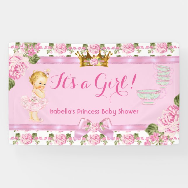 Blonde Princess Baby Shower Pink Roses Tea Party Banner (Horizontal)