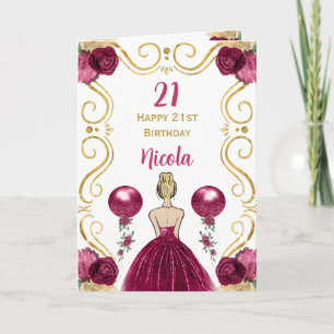 Blonde Princess Burgundy Happy Birthday Card