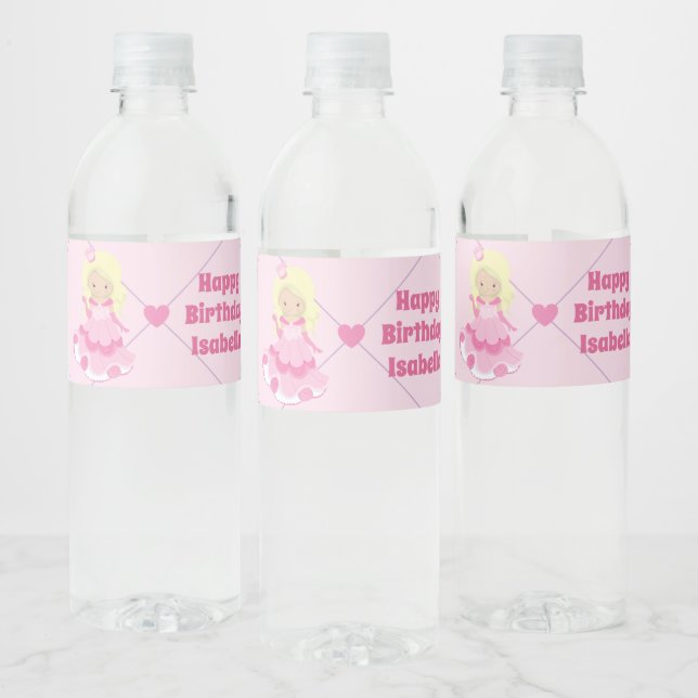 Blonde Princess Cute Custom Pink Birthday Party Water Bottle Label (Bottles)
