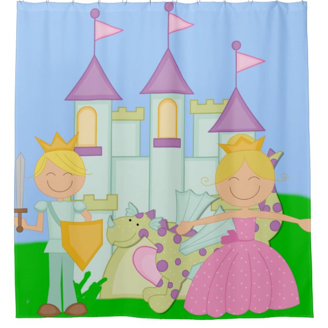 Blonde Princess, Prince, Dragon, Castle Fairytale Shower Curtain (Front)