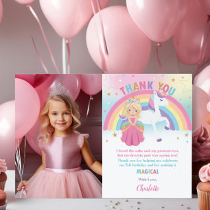 Blonde Princess Rainbow Unicorn Birthday Photo Thank You Card