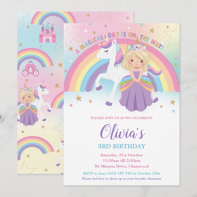 Blonde Princess Unicorn Birthday Party Rainbow Invitation (Front/Back)