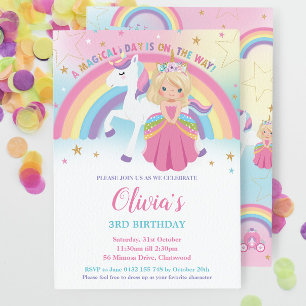 Blonde Princess Unicorn Birthday Pink Rainbow     Invitation