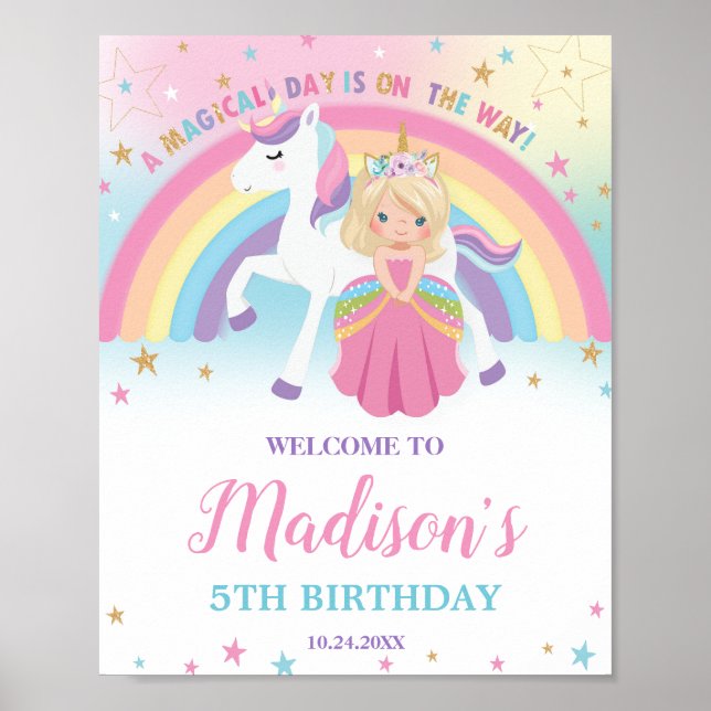 Blonde Princess Unicorn Birthday Rainbow Welcome Poster (Front)