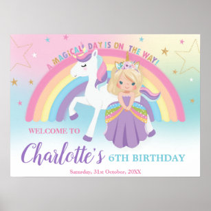 Blonde Princess Unicorn Birthday Rainbow Welcome Poster