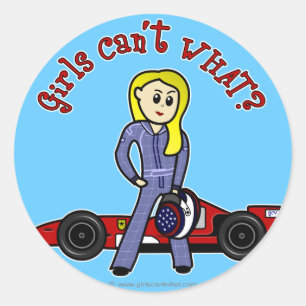 Blonde Race Car Driver Girl Classic Round Sticker
