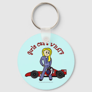 Blonde Race Car Driver Girl Key Ring