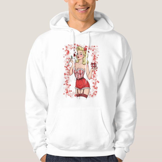 Blonde Retro Valentine Pin-Up Girl Hoodie (Front)