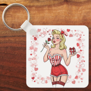 Blonde Retro Valentine Pin-Up Girl Key Ring