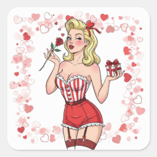 Blonde Retro Valentine Pin-Up Girl Square Sticker