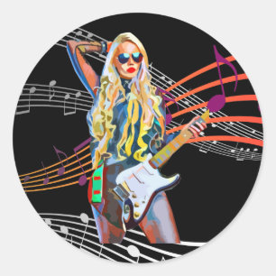 blonde Rocker Abstract Woman guitar Music Art Classic Round Sticker