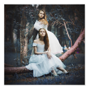 Blonde Sisters in White Dresses Forest Scene Wall Photo Print