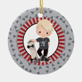 Blonde Skateboard Boy - Gray Red Ceramic Ornament