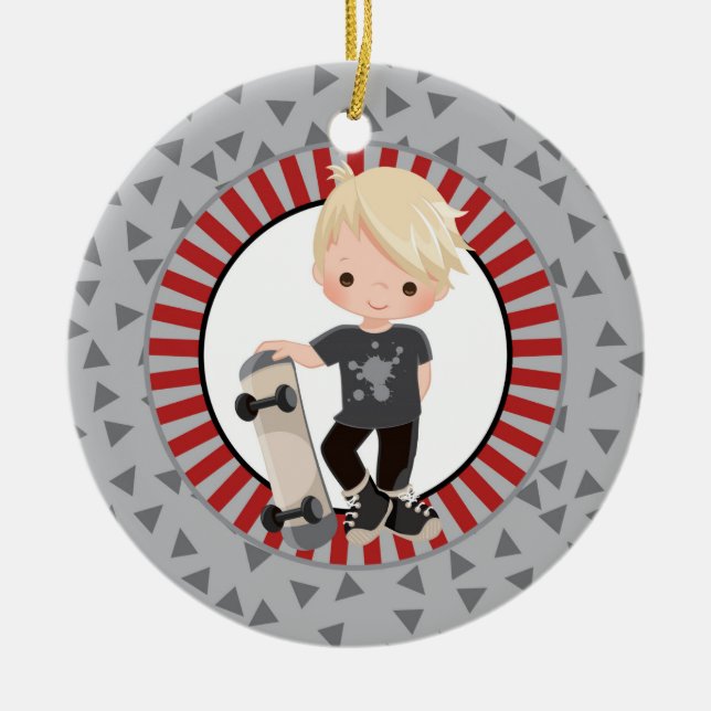 Blonde Skateboard Boy - Gray Red Ceramic Ornament (Front)
