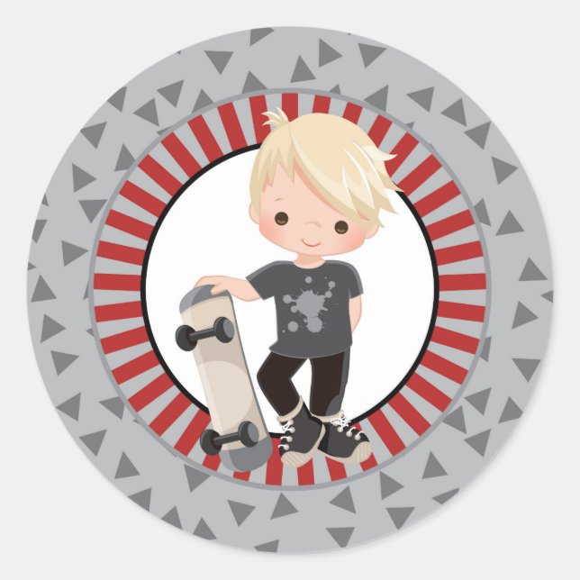 Blonde Skateboard Boy - Grey Red Classic Round Sticker (Front)