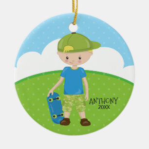 Blonde Skateboard Boy Personalised Christmas Ceramic Tree Decoration
