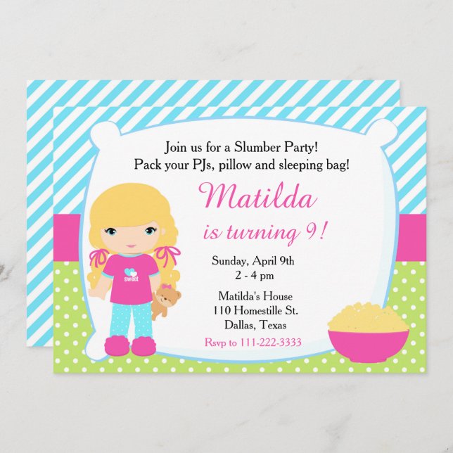 Blonde Sleepover Slumber Party Birthday Invitation (Front/Back)