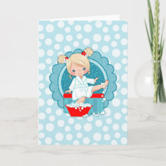 Blonde Spa Girl Bubbles Turquoise Red White Card