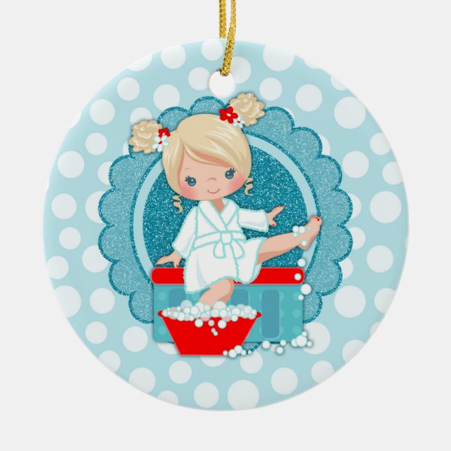 Blonde Spa Girl Bubbles Turquoise Red White Ceramic Ornament (Front)