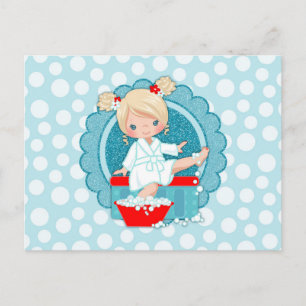 Blonde Spa Girl Bubbles Turquoise Red White Postcard