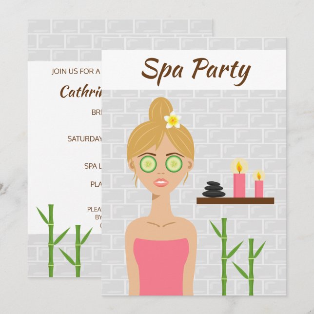 Blonde Spa Girl Illustration Spa Day Bridal Shower Invitation (Front/Back)