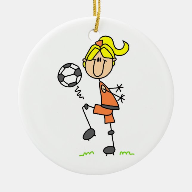 Blonde Stick Figure Soccer Player Girl Gifts Ceramic Ornament (Front)