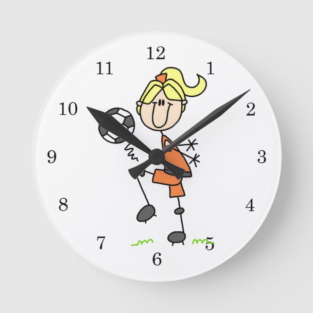 Blonde Stick Figure Soccer Player Girl Gifts Round Clock (Front)
