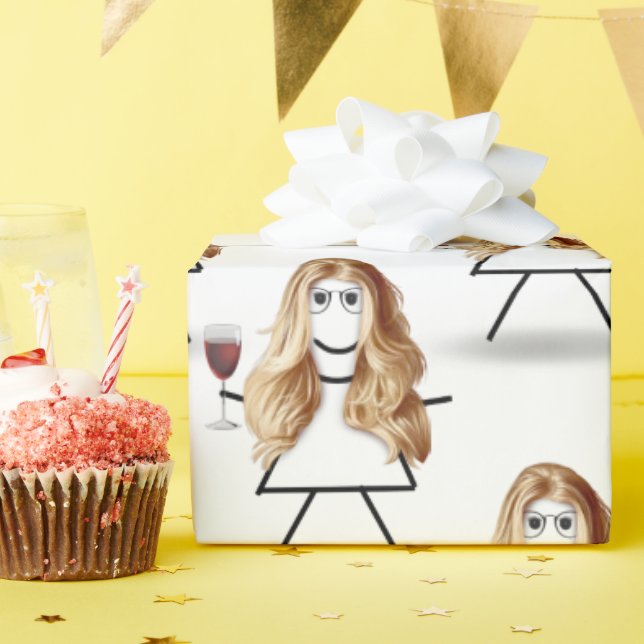 Blonde Stick Girl with Red Wine  Wrapping Paper (Birthday Party)