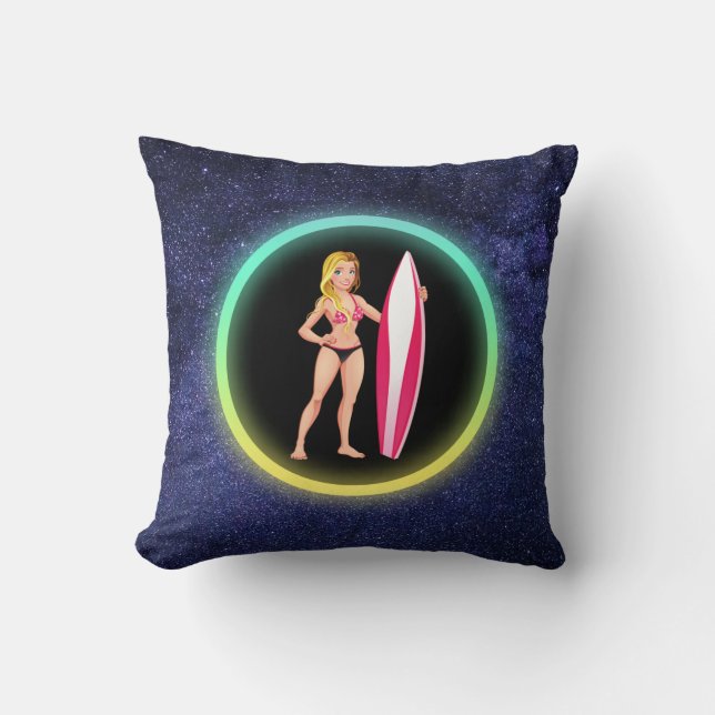 Blonde Surfer Teenage Girl Galaxy  Cushion (Front)