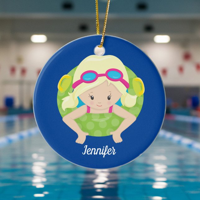 Blonde Swim Girl Cute Custom Swimmer Kids Ceramic Ornament (Creator Uploaded)
