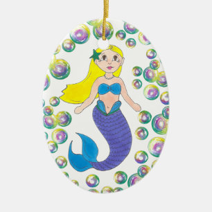Blonde Swimming Mermaid Girl Bubbles Ocean Sea Ceramic Ornament