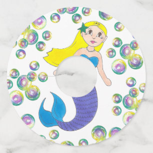 Blonde Swimming Mermaid Girl Bubbles Party Wine Glass Tag