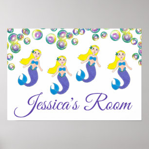 Blonde Swimming Mermaid Girl Personalised Bedroom Poster