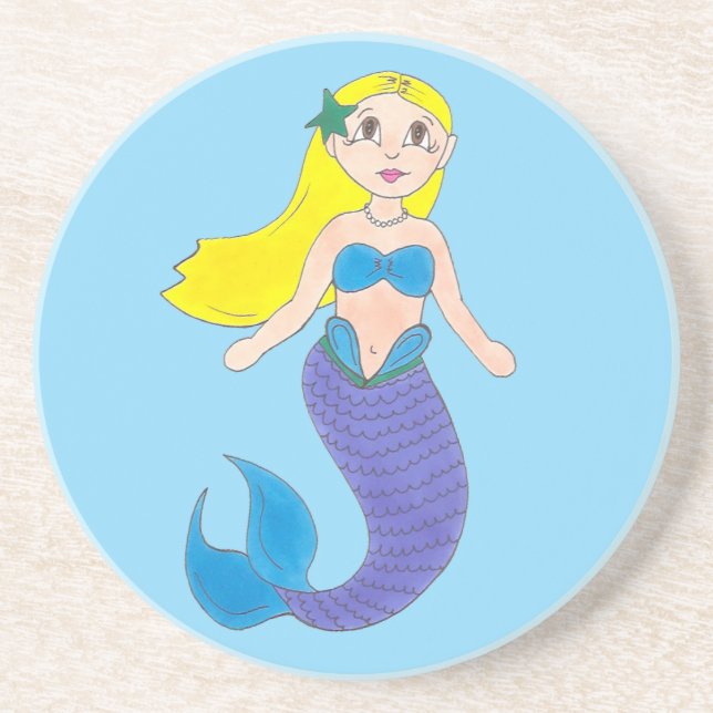 Blonde Swimming Mermaid Girl Purple Tail Ocean Sea Coaster (Front)