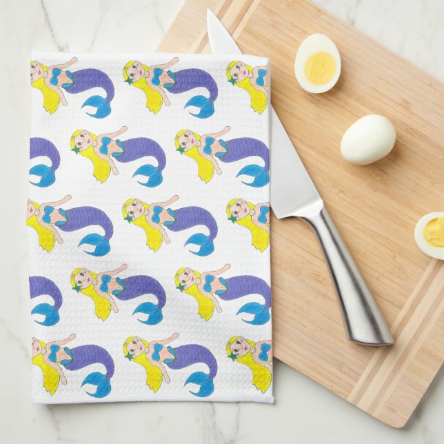 Blonde Swimming Mermaid Girl Purple Tail Ocean Sea Tea Towel (Quarter Fold)